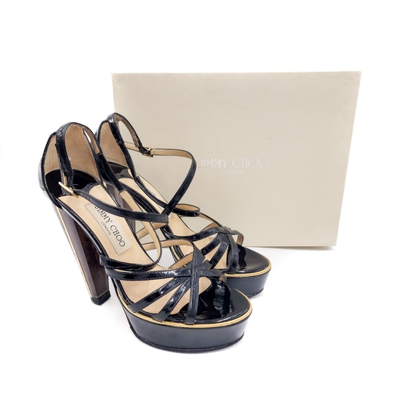 JIMMY CHOO Platform Patent Leather Strappy Lucite Wooden High-Heel Shoes EU 37 - Picture 1 of 9
